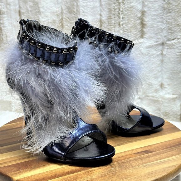 Cape Robbin Shoes - * Cape Robbin Metallic Blue T trap High Heel Shoes with Feather Accents